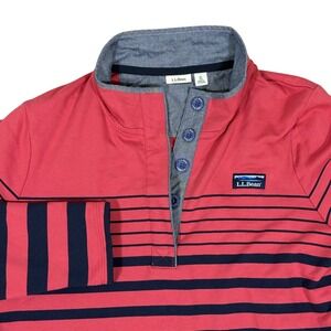L.L.Bean Rugby Shirt Mens XL Red Navy Stripe Henley Cotton Long Sleeve
